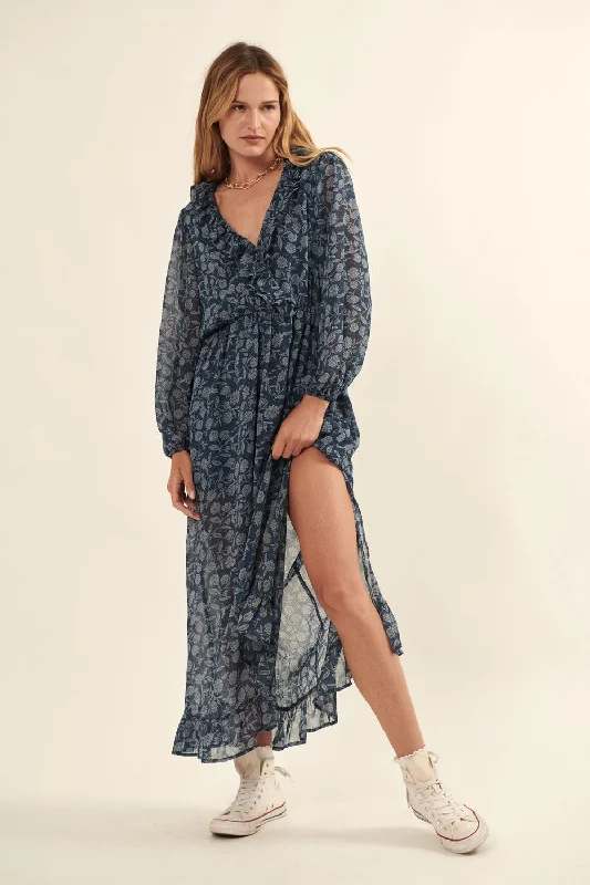 Fashion-Forward Women's Clothing Indigo Floral Chiffon Ruffled Surplice Maxi Dress