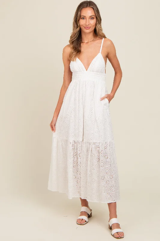 Women's Holiday Clothes Ivory Eyelet Lace Smocked Cutout Maxi Dress
