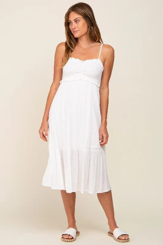 Stylish Basics Ivory Smocked Ruffle Accent Midi Dress