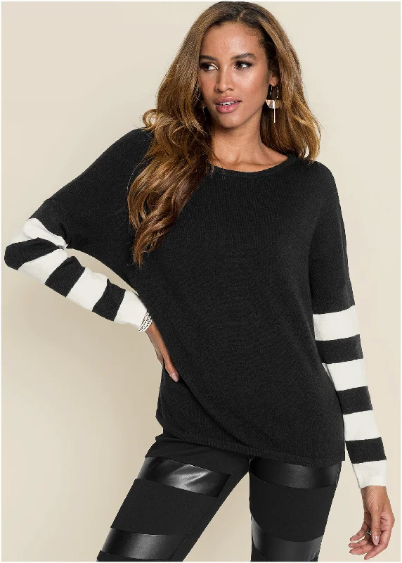 Women's Clothing Stripe Sleeve Sweater - Black & White