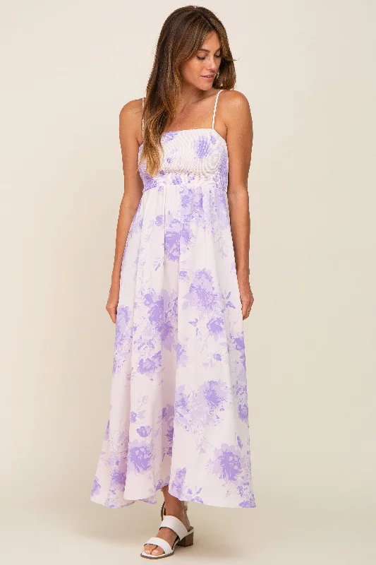 Elegant Clothing Lavender Floral Sleeveless Smocked Maxi Dress