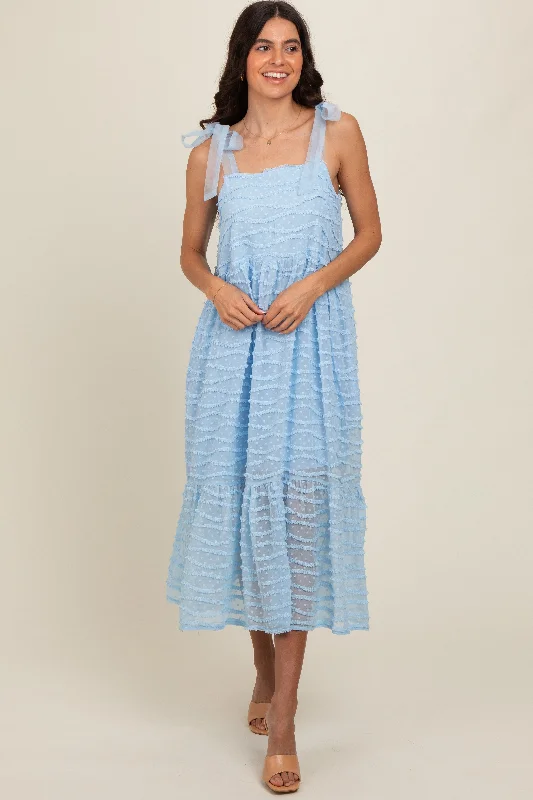 Women's Trendy Clothing Light Blue Textured Shoulder Tie Midi Dress
