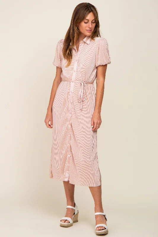 Huge Price Cut Light Pink Pleated Button-Down Collared Midi Dress