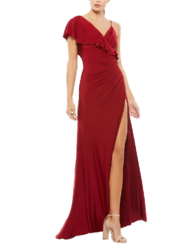 Casual Chic Mac Duggal Asymmetric Jersey Ruffled Cap Sleeve Gown