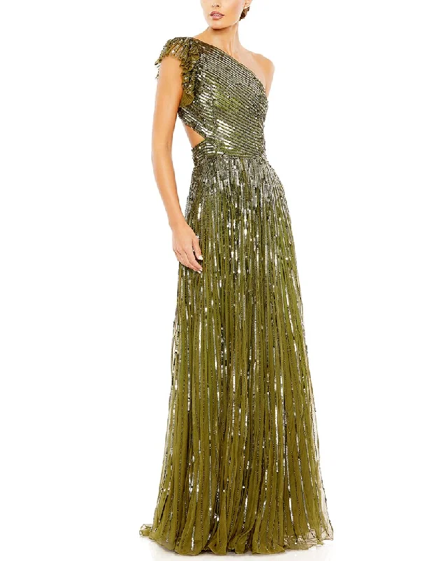 Casual Yet Stylish Separates Mac Duggal Sequined One-Shoulder Flutter Sleeve A-Line Gown