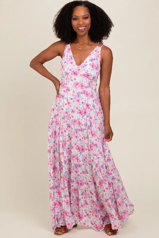 Chic Clothes For Women Magenta Floral Crisscross Back Maxi Dress