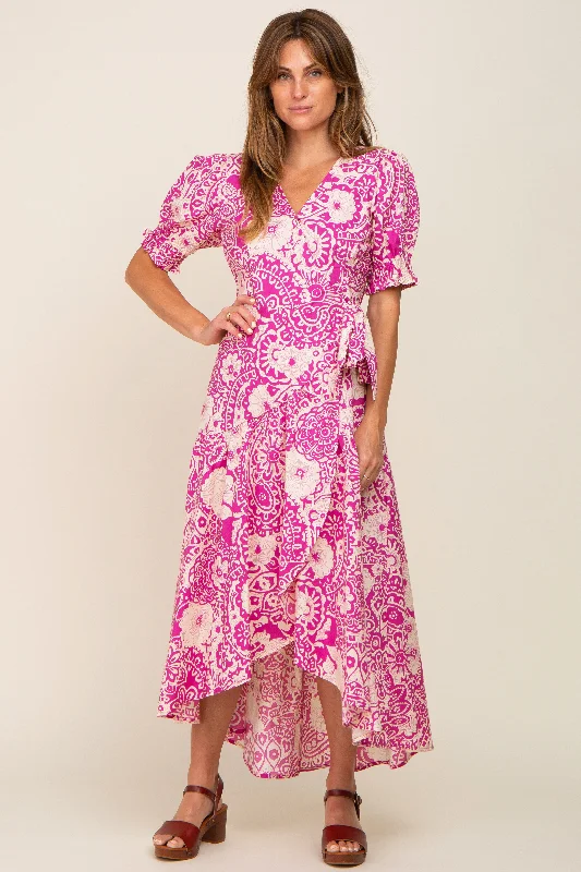 Preppy Style Magenta Floral Paisley Wrap Dress