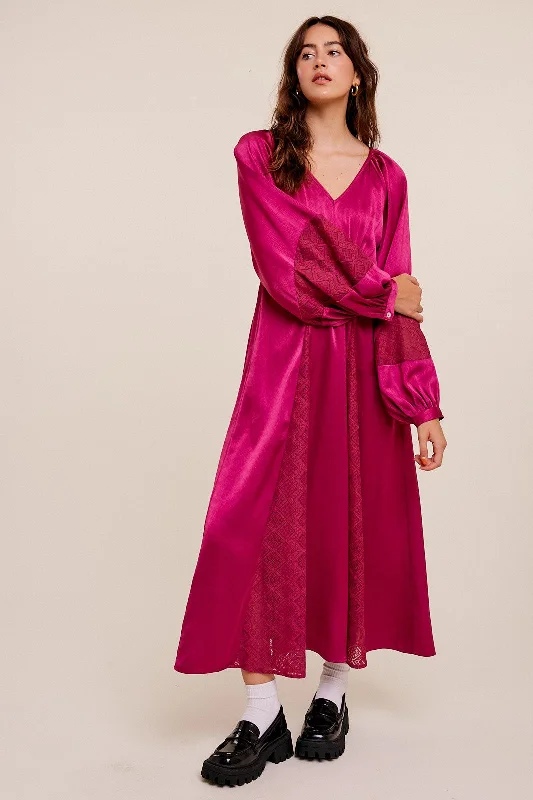 Top Deals Magenta V-Neck Pleated Maxi Dress With Lace Detailing