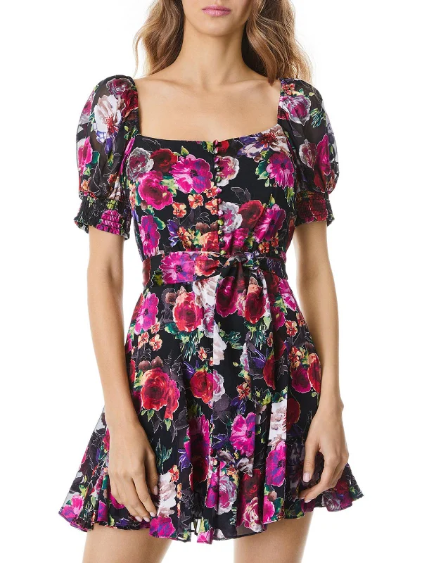 Luxury Women's Clothes Mina Womens Puff Sleeve Square Neck Fit & Flare Dress