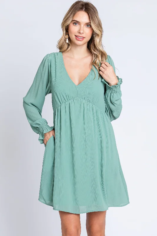 Women's Clothes For Special Occasions Mint Green V-Neck Long Sleeve Dress