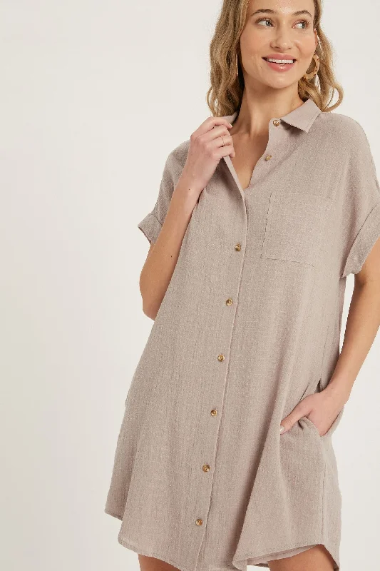 Trendy Women's Wear Collection Mocha Button Up Shirt Dress With Pocket