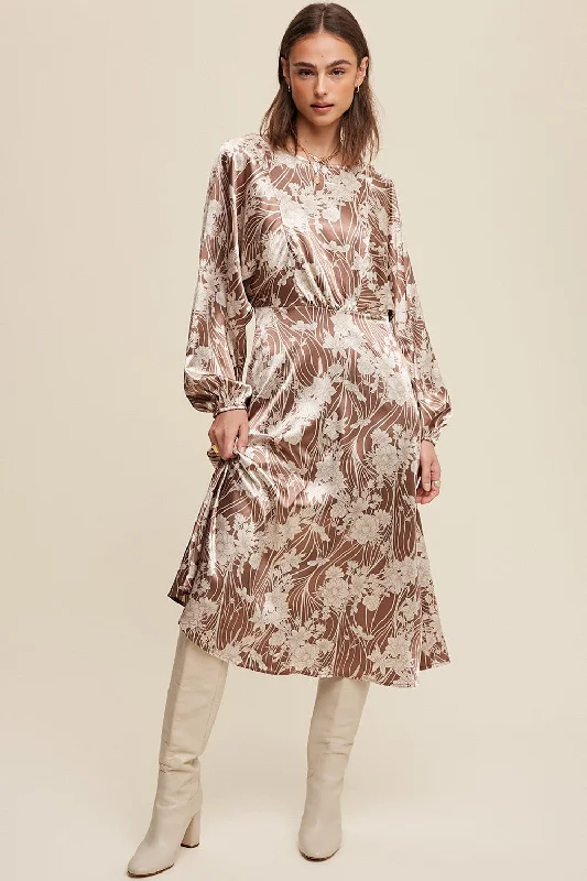 Affordable Women's Clothing Mocha Floral Print Satin Cinched A-Line Midi Dress