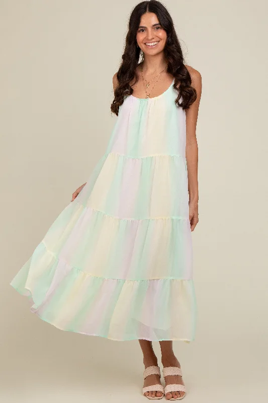 Women's Clothing With Trendy Designs Multicolor Pastel Ombre Tiered Maxi Dress