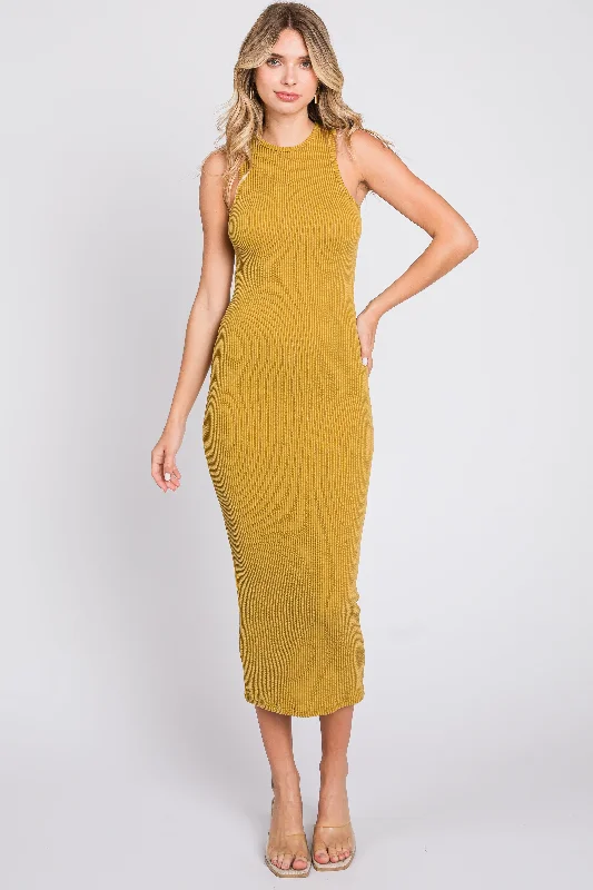 Women's Workout Clothing Mustard Ribbed Fitted Midi Dress