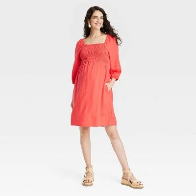 Elegant Women's Fashion New - Isabel Maternity Women's Linen Midi Maternity Dress Puff Elbow Sleeve