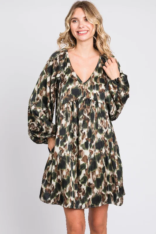 Women's Evening Clothes Olive Printed Long Sleeve Dress