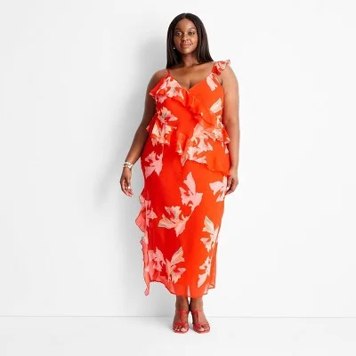 Effortless Chic for Women Open Box - Women's Ruffle Ankle Length Dress - Future Collective with Jenee Naylor Red Floral 1X