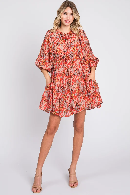 Women's Active Clothing Orange Floral 3/4 Sleeve Dress