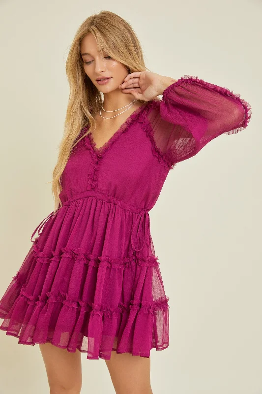 Women's Contemporary Clothing Orchid V-Neck Long Sleeve Mini Dress