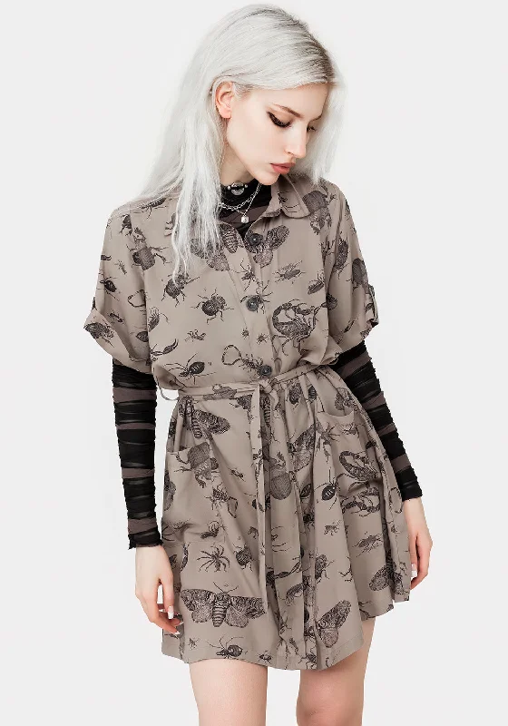 Versatile Style Wardrobe Parasite Bugs Print Mini Short Sleeve Shirt Dress - Taupe