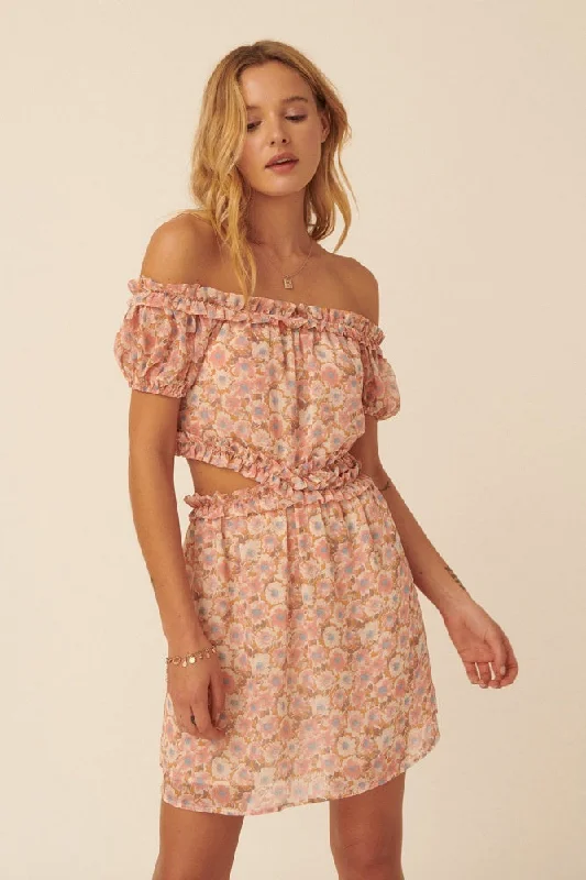 Chic Style, Always In Vogue Peach Floral Off-Shoulder Ruffle Side Cutout Mini Dress