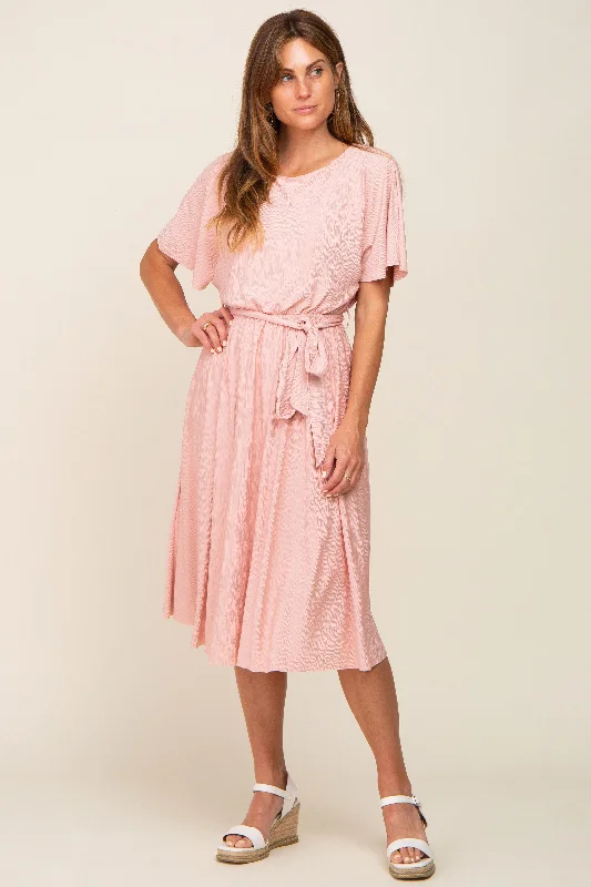 Dive Into Trendy Styles Pink Crinkle Knit Tie Waist Short Sleeve Dress