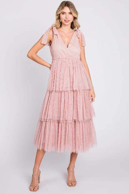 Women's Everyday Clothes Pink Sleeveless Tiered Tie Strap Tulle Midi Dress