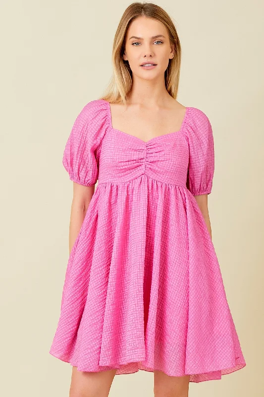 Affordable Women's Clothing Pink Textured Puff Sleeve Sweetheart Neckline Dress