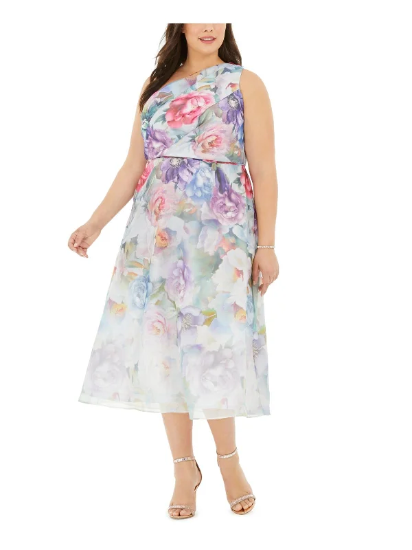 Women's Clothing Sets Plus Womens Floral Print One Shoulder Midi Dress