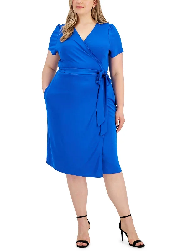 Current Trends Plus Womens Solid Polyester Wrap Dress