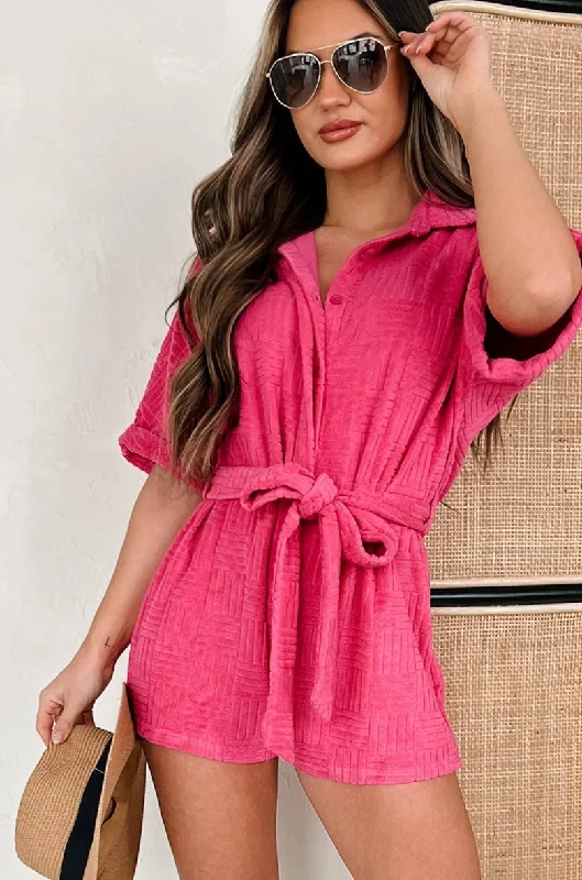 Chic Trends For The Fashion Savvy Praying For Sunshine Belted Terry Cloth Romper (Hot Pink)