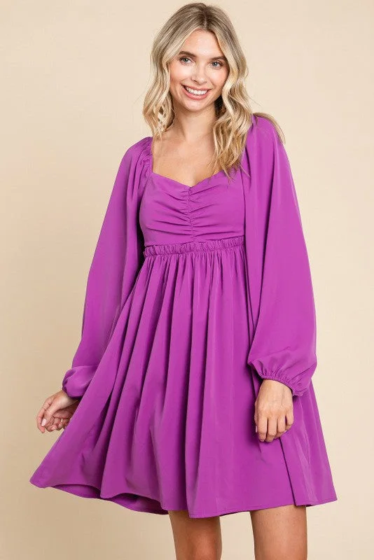Women's Fashion Clothes Purple Gathered Waist Long Sleeve Dress