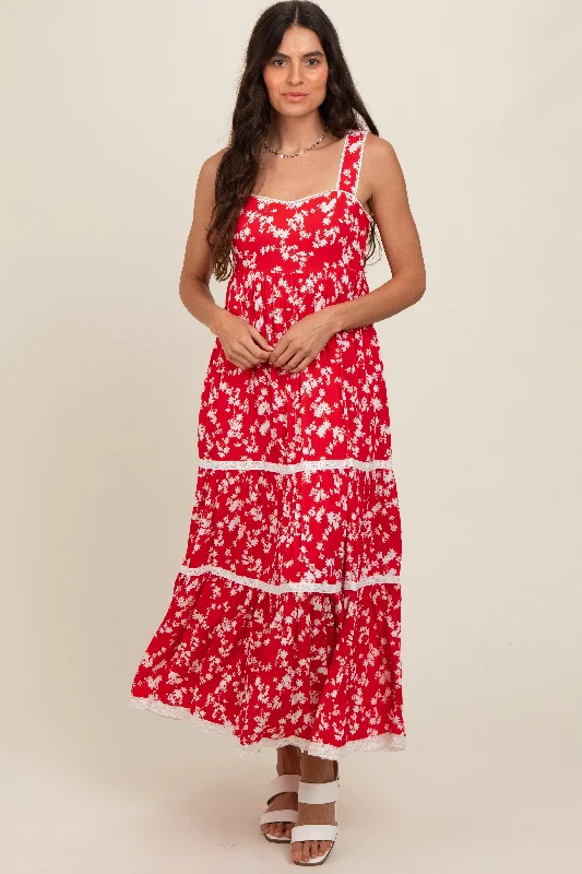 Comfortable Lounge Clothing Red Floral Lace Trim Tiered Maxi Dress