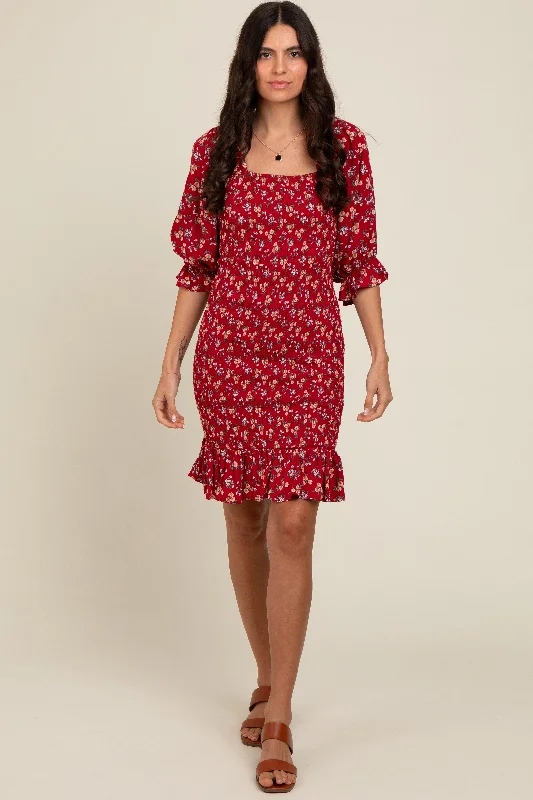 Women's Evening Clothing Red Floral Smocked Fitted Dress