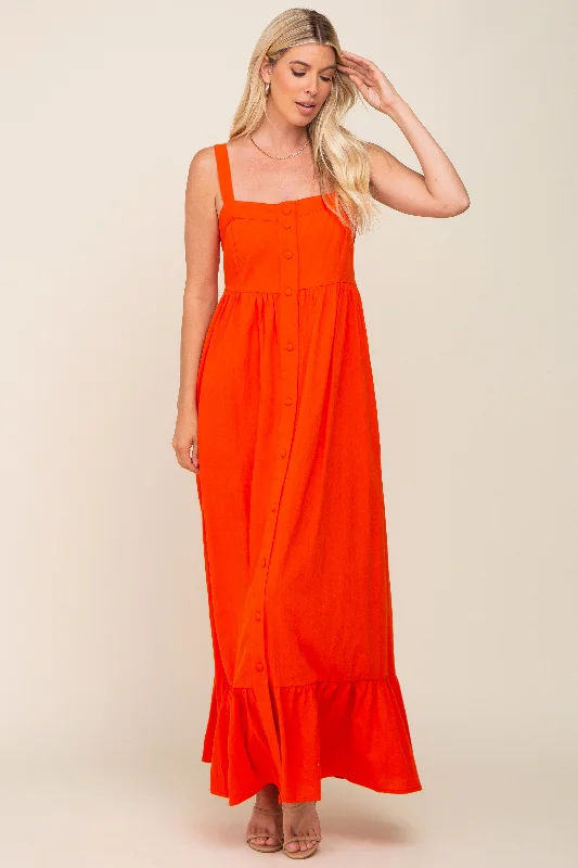 Chic Outfits Red Orange Front Button Sleeveless Maxi Dress