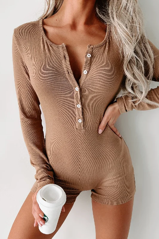 Day To Night Styles Rest Assured Long Sleeve Bodycon Romper (Mocha)