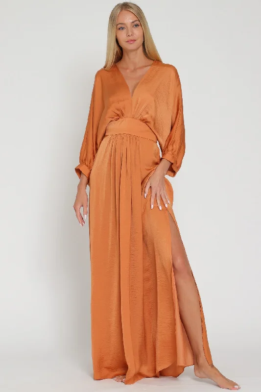 High-Fashion Women's Clothing Rust Long Dolman Sleeve Tie Back Waisted Maxi Dress