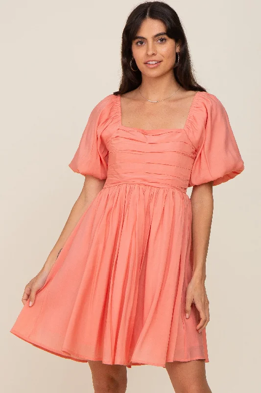 Best Online Clothing Boutiques Salmon Square Neck Puff Short Sleeve Dress