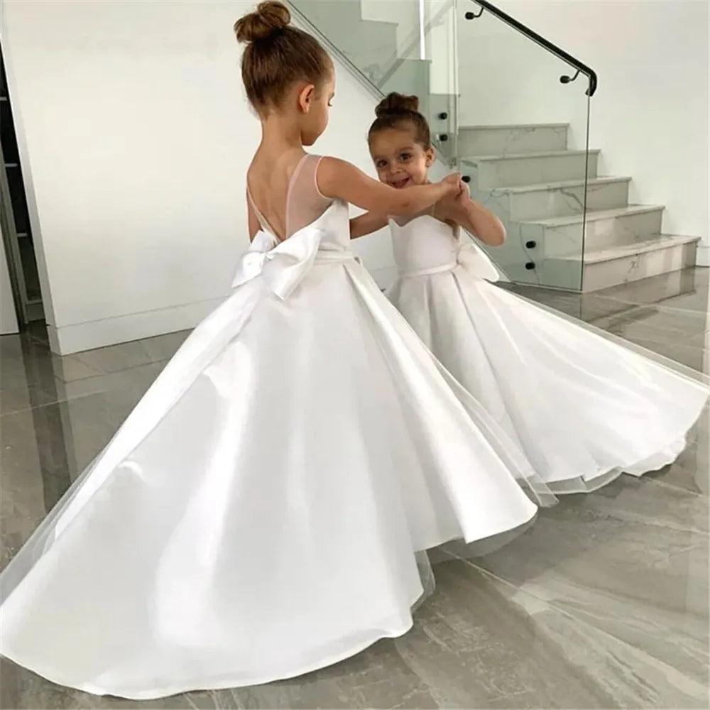 Women's Holiday Clothing Simple White Flower Girl Dress – Satin A-Line Tulle Gown with Bow Women's Holiday Clothing Simple White Flower Girl Dress – Satin A-Line Tulle Gown with Bow
