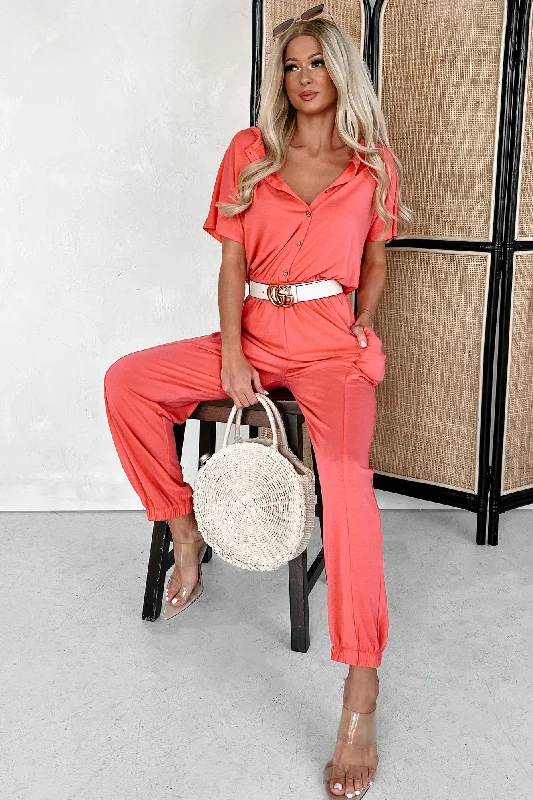 Clothes For Sale Taking The Easy Route Short Sleeve Button Detail Jumpsuit (Coral)