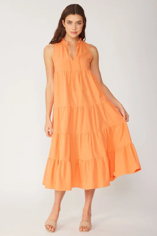 Chic Styles Tangerine Tiered Linen Blend Solid Midi Dress