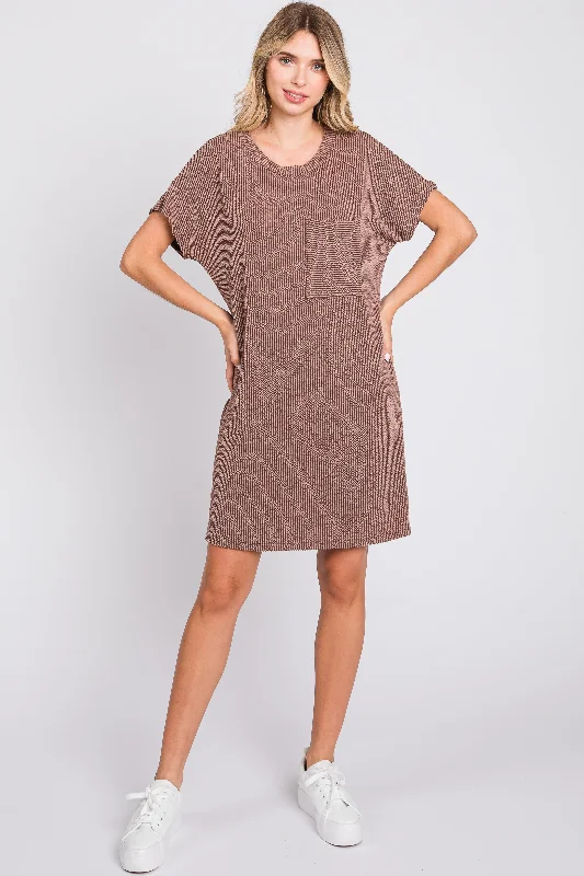 Women's Clothing For Work Taupe Ribbed Front Pocket Dolman Short Sleeve Dress