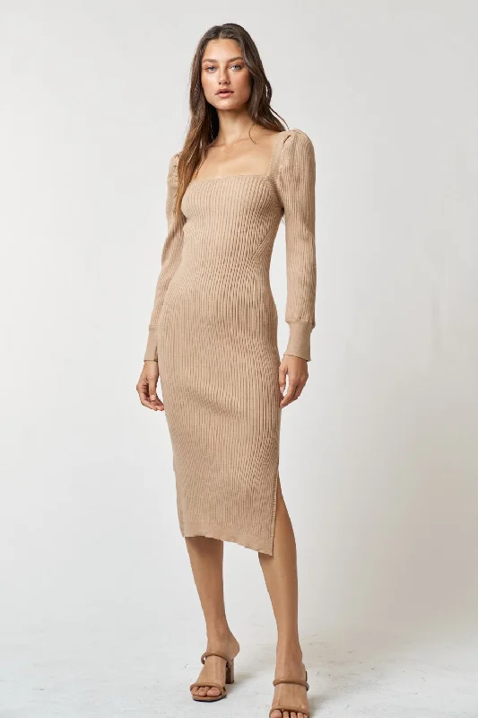 Women's Vintage Clothes Taupe Ribbed Knit Long Sleeve Midi Dress
