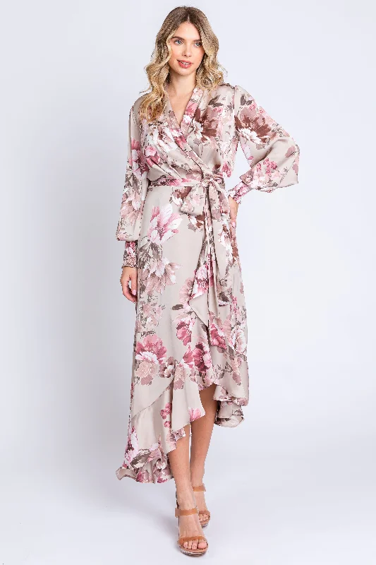 Affordable Women's Clothing Taupe Satin Asymmetrical Flounce Trim Midi Dress