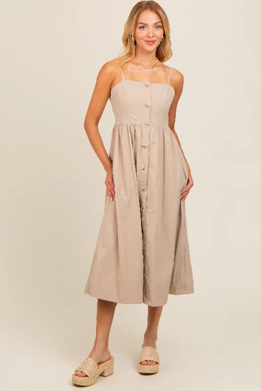 Women's Clothing Sets Taupe Sleeveless Button Down Midi Dress