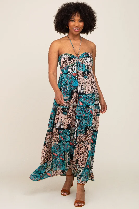 Stupidly Low Prices Teal Printed Halter Tassel Front Tie Maxi Dress