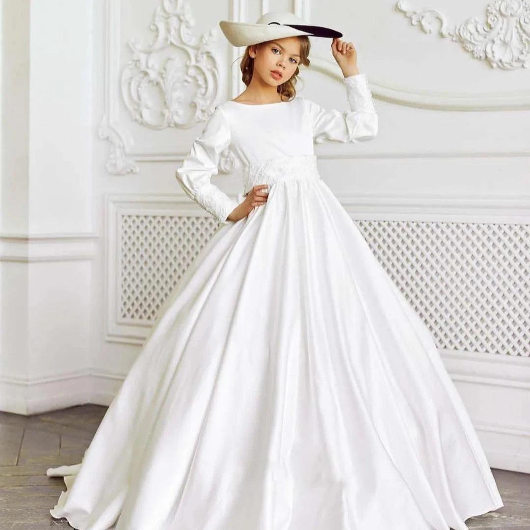 Women's Clothing With Trendy Designs White Elegant Flower Girl Dress for Wedding Satin Floor Length Full Sleeves Kids First Communion Pageant Party Birthday Gown Women's Clothing With Trendy Designs White Elegant Flower Girl Dress for Wedding Satin Floor Length Full Sleeves Kids First Communion Pageant Party Birthday Gown