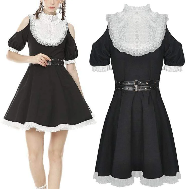 Plus-Size Women's Clothing Women's Dark Cutout Shoulder Shirt Collar Black Dress Maid Dresses with Belt Plus-Size Women's Clothing Women's Dark Cutout Shoulder Shirt Collar Black Dress Maid Dresses with Belt