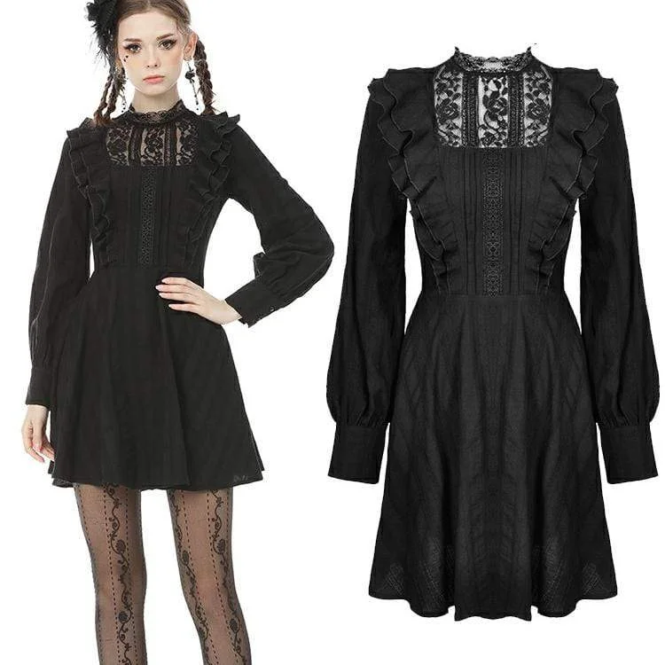 Women's Urban Clothing Women's Goth Lace Collar Long Sleeved Ruffles Black Little Dresses Women's Urban Clothing Women's Goth Lace Collar Long Sleeved Ruffles Black Little Dresses