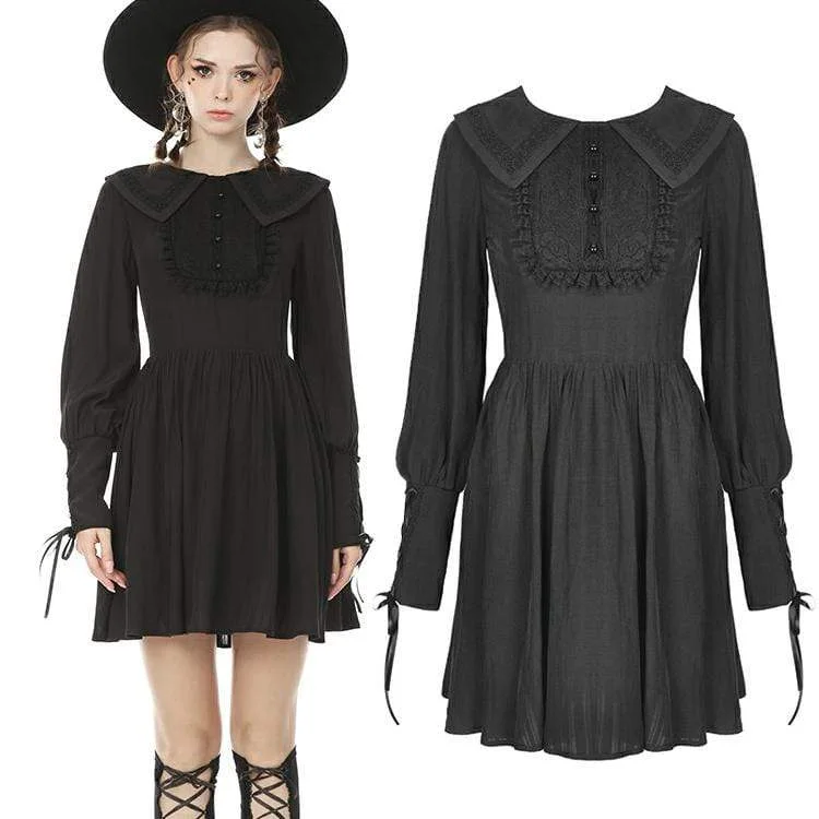 Timeless Women's Clothing Women's Goth Turn-down Collar Long Sleeved Ruffles Black Little Dresses Timeless Women's Clothing Women's Goth Turn-down Collar Long Sleeved Ruffles Black Little Dresses